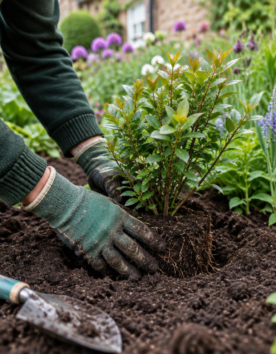 Gardener planting a shrub in a border